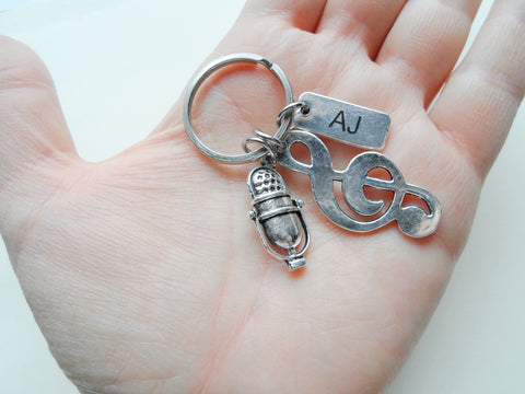 Treble Clef Charm Keychain with Microphone and Custom Engraved Tag, Music Student, Teacher, or Musician Keychain by JewelryEveryday
