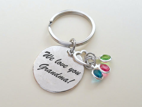 Custom Engraved Disc Keychain With Personalized Family Birthstone Charms, Gift for Mom or Grandma
