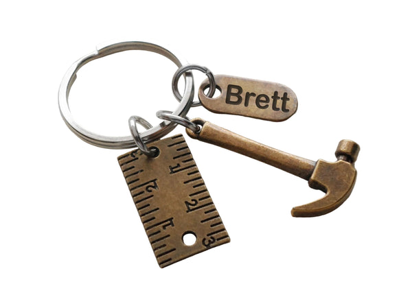 Bronze Hammer Charm Keychain with Ruler Charm and Personalized Thank You Tag, Handy Worker Keychain by JewelryEveryday