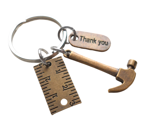 Bronze Hammer Charm Keychain with Ruler Charm and Thank You Charm, Handy Worker Keychain