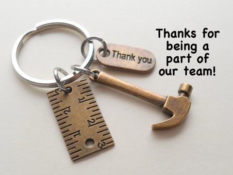 Bronze Hammer Charm Keychain with Ruler Charm and Thank You Charm, Handy Worker Keychain