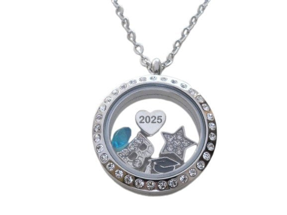 Class of 2025 Graduate Locket Necklace with Graduate Cap, 2025 Heart Charm, and Custom Letter & Birthstone - by Jewelry Everyday
