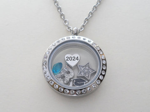 Class of 2025 Graduate Locket Necklace with Graduate Cap, 2025 Heart Charm, and Custom Letter & Birthstone - by Jewelry Everyday