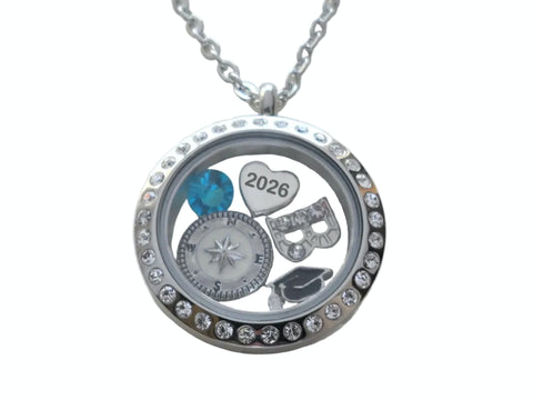 Class of 2026 Graduate Locket Necklace with Graduate Cap, 2026 Heart Charm, and Custom Letter & Birthstone - by Jewelry Everyday