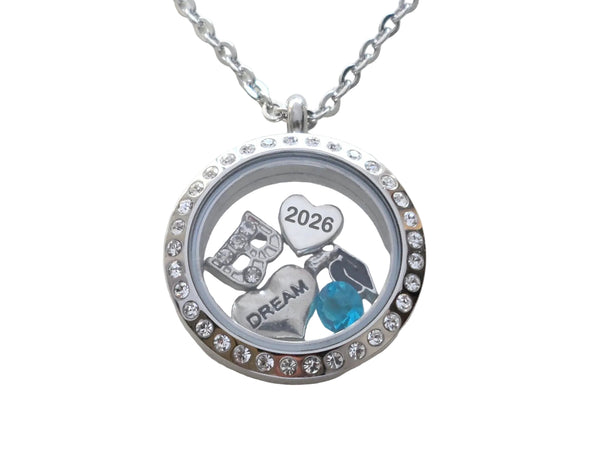 Class of 2026 Graduate Locket Necklace with Graduate Cap, 2026 Heart Charm, and Custom Letter & Birthstone - by Jewelry Everyday