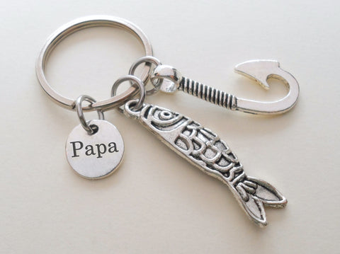 Custom Engraved Fishing Keychain with Fish Charm, Hook Charm & Circle Charm