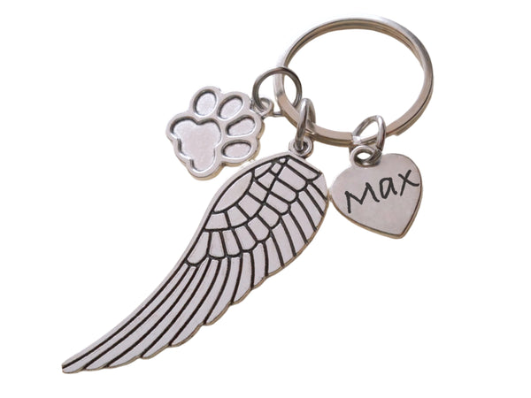 Custom Paw & Wing Charm Keychain with Custom Engraved Heart Tag, Pet Loss Gift, Dog Memorial Keychain