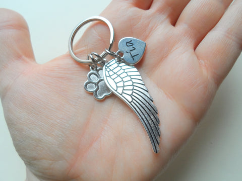 Custom Paw & Wing Charm Keychain with Custom Engraved Heart Tag, Pet Loss Gift, Dog Memorial Keychain