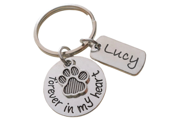 Custom Forever in My Heart Disc & Paw Charm Keychain with Custom Engraved Tag, Pet Loss Gift, Dog Memorial Keychain