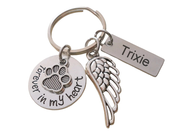 Dog Memorial Keychain • Custom Engraved Tag with Forever in My Heart Disc, Paw & Wing Charm | By JE