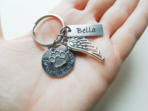 Dog Memorial Keychain • Custom Engraved Tag with Forever in My Heart Disc, Paw & Wing Charm | By JE