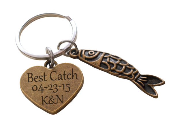 Personalized Bronze Fish Charm Keychain with Custom Engraved Heart Tag, Couples Keychain