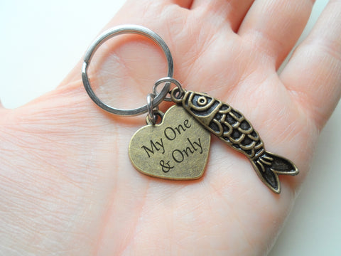 Personalized Bronze Fish Charm Keychain with Custom Engraved Heart Tag, Couples Keychain