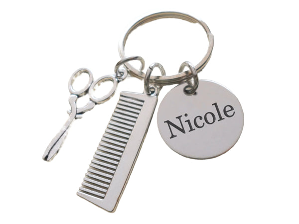 Hair Stylist Keychain, Comb & Scissors Charm with Custom Engraved Disc