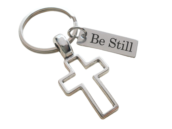 Cross Charm Keychain with "Be Still" Engraved Tag, Religious Keychain
