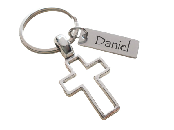Custom Engraved Tag Keychain with Open Cross Charm, Religious Keychain