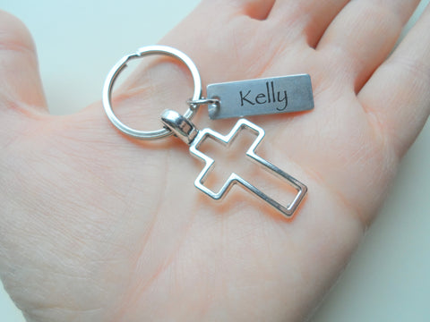 Custom Engraved Tag Keychain with Open Cross Charm, Religious Keychain