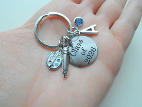 Art Palette & Pencil Charm Keychain with Class of 2026 Disc, For Artist Student