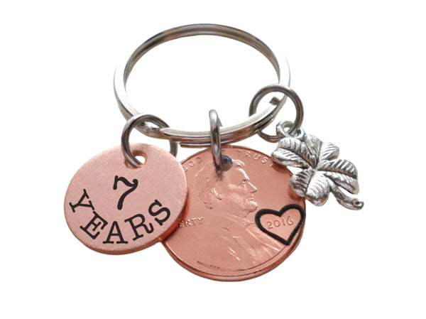 Penny & Copper Disc Keychain Custom Engraved with Clover Charm, For Couples Anniversary