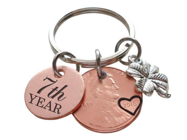 Penny & Copper Disc Keychain Custom Engraved with Clover Charm, For Couples Anniversary