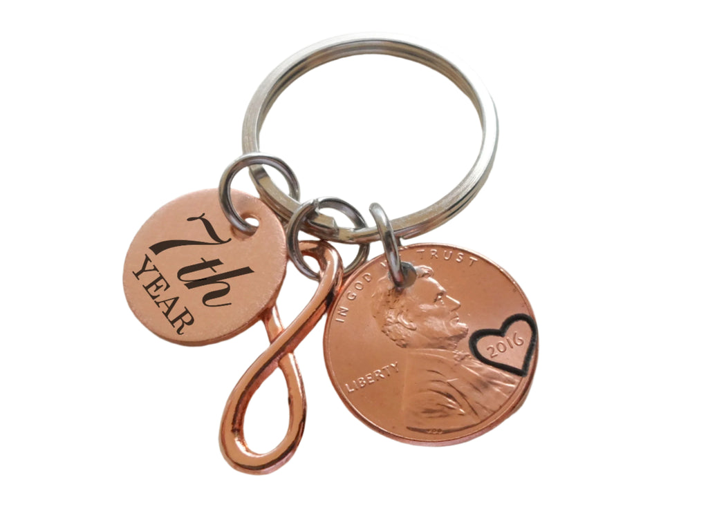 Penny & Copper Disc Keychain Custom Engraved with Rose Gold Infinity Charm, For Couples Anniversary