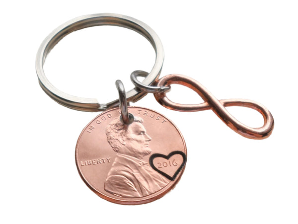 Custom Penny Keychain With Heart Around Year & Rose Gold Infinity Charm Personalized Anniversary, Husband Wife Key Chain, Boyfriend Girlfriend, Customized Couples Keychain