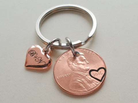 Custom Penny Keychain With Heart Around Year & Rose Gold Heart Charm, Personalized Anniversary, Husband, Wife, Boyfriend, Girlfriend Key Chain, Customized Couples Keychain