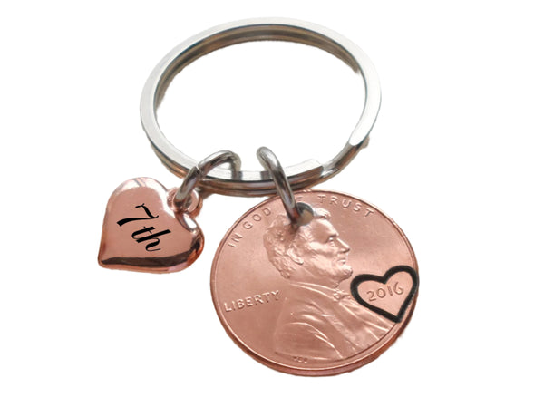 Custom Penny Keychain With Heart Around Year & Rose Gold Heart Charm, Personalized Anniversary, Husband, Wife, Boyfriend, Girlfriend Key Chain, Customized Couples Keychain