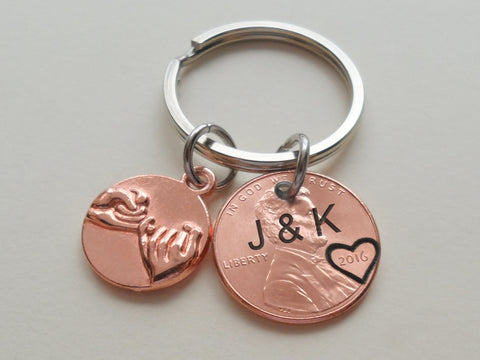 Custom Penny Keychain With Heart Around Year & Rose Gold Pinky Promise Charm Personalized Anniversary, Husband, Wife, Boyfriend, Girlfriend Key Chain, Customized Couples Keychain