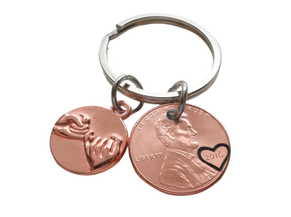 Custom Penny Keychain With Heart Around Year & Rose Gold Pinky Promise Charm Personalized Anniversary, Husband, Wife, Boyfriend, Girlfriend Key Chain, Customized Couples Keychain