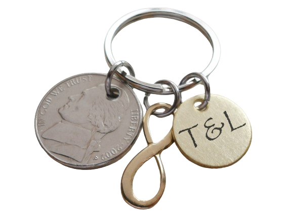 Custom Engraved Brass Disc Keychain with Nickel & Brass Infinity Charm, 21 Year Anniversary Gift, Personalized Keychain