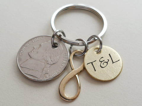 Custom Engraved Brass Disc Keychain with Nickel & Brass Infinity Charm, 21 Year Anniversary Gift, Personalized Keychain