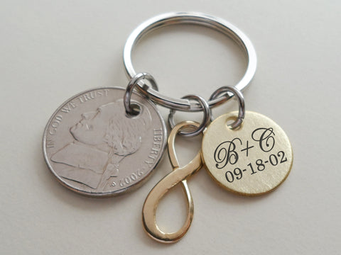 Custom Engraved Brass Disc Keychain with Nickel & Brass Infinity Charm, 21 Year Anniversary Gift, Personalized Keychain