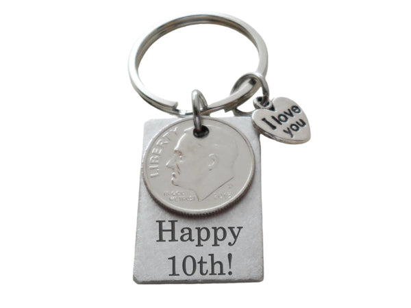 Custom Engraved Aluminum Tag Keychain with Dime & I Love You Heart Charm, Couples Anniversary Keychain