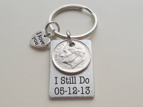 Custom Engraved Aluminum Tag Keychain with Dime & I Love You Heart Charm, Couples Anniversary Keychain
