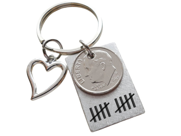 Custom Engraved Aluminum Tag Keychain with Dime & Heart Charm, Couples Anniversary Keychain