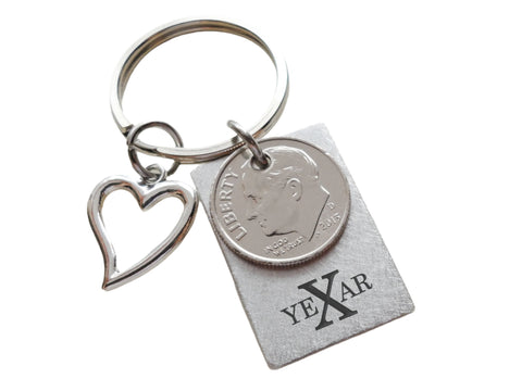 Custom Engraved Aluminum Tag Keychain with Dime & Heart Charm, Couples Anniversary Keychain