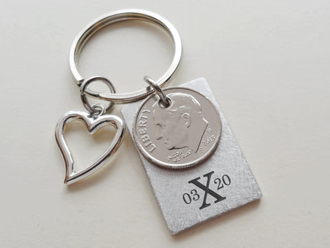 Custom Engraved Aluminum Tag Keychain with Dime & Heart Charm, Couples Anniversary Keychain