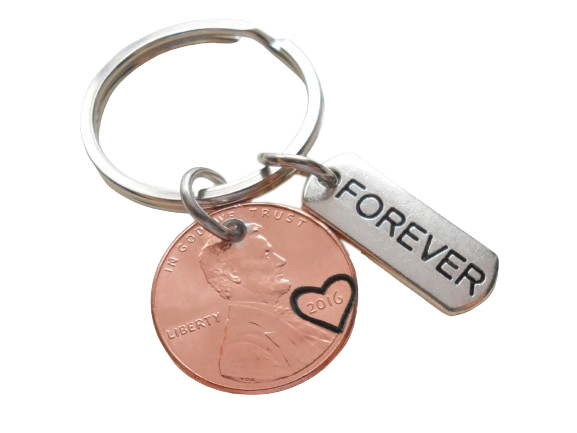 Personalized Penny Keychain Stamped with Heart Around the Year and Option to Add Initials, Includes Forever Tag Charm