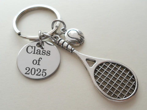 Tennis Charm Keychain with Custom Engraved Disc, Tennis Racquet & Ball, For Student or Coach