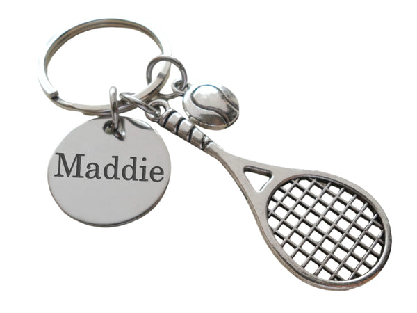 Tennis Charm Keychain with Custom Engraved Disc, Tennis Racquet & Ball, For Student or Coach