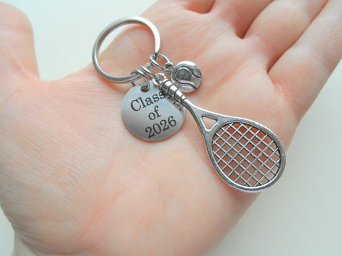 Tennis Charm Keychain with Custom Engraved Disc, Tennis Racquet & Ball, For Student or Coach