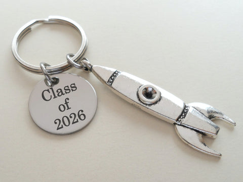 Personalized Spaceship Rocket Charm Keychain and Steel Disc Custom Engraved, Aerospace Engineer Gift, Astronautical Keychain
