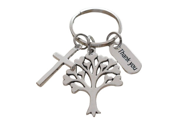 Tree with Heart Leaves, Cross, & Thank You Charm Keychain, Religious Teacher, Neighbor or Volunteer Keychain