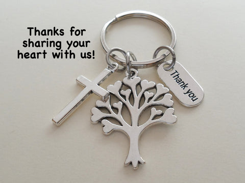 Tree with Heart Leaves, Cross, & Thank You Charm Keychain, Religious Teacher, Neighbor or Volunteer Keychain