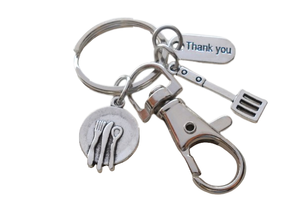 School Lunch Server Keychain, Small Plate and Spatula Charm Keychain with Thank You Tag & Clasp, Appreciation Gift