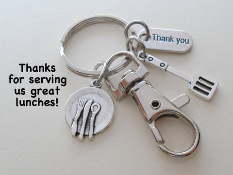 School Lunch Server Keychain, Small Plate and Spatula Charm Keychain with Thank You Tag & Clasp, Appreciation Gift