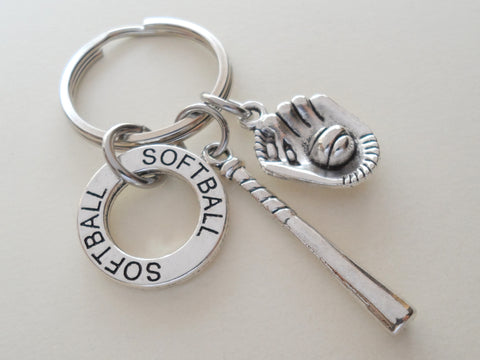 Softball Charm Keychain Gift with Softball Ring Charm Softball Glove Charm & Bat Charm, Softball Team Gift, Softball Players Gift
