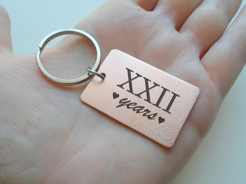 Copper Tag Keychain Engraved "XXII Years" Roman Numerals for Couples 22 Year Anniversary Gift