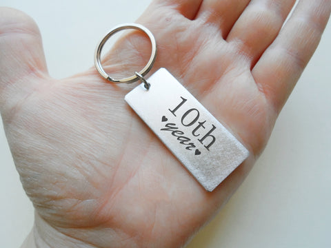 Aluminum Tag Keychain with "10th Year" Engraved, Couples 10 Year Anniversary Gift